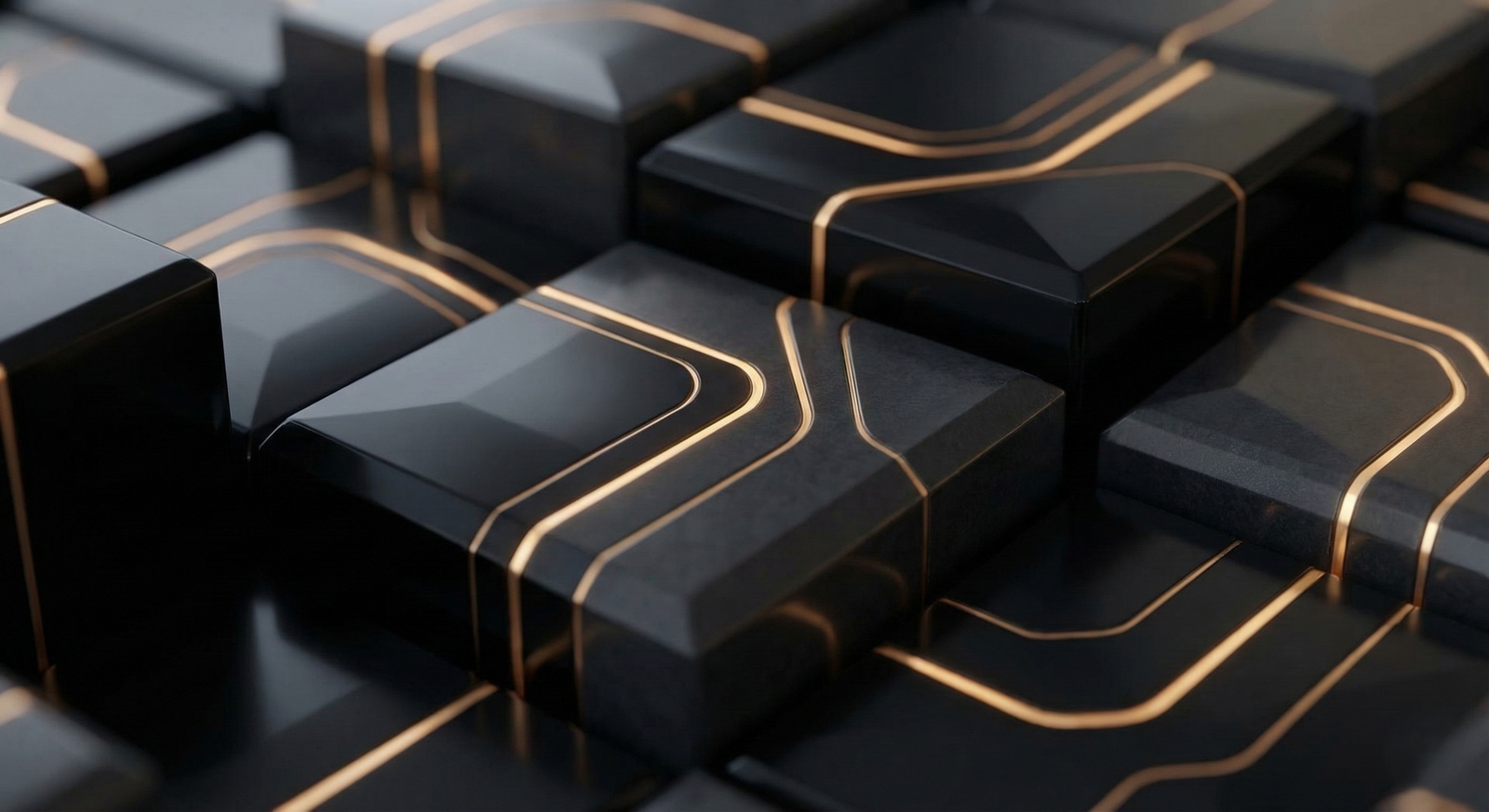 Abstract dark process visual with interconnected black forms and gold paths